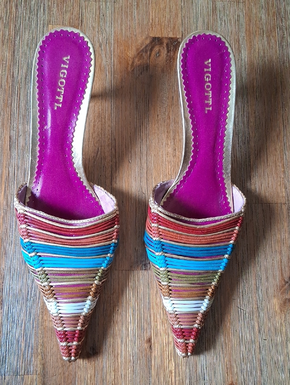 Vintage Vigotti Vero Curio Pointed Toe Leather Mules Kitten Heel - Picture 2 of 7